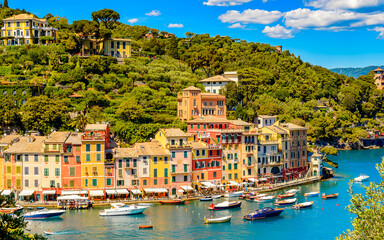 It's Panoramiv view of Portofino, is an Italian fishing village, Genoa province, Italy. A vacation resort with a picturesque harbour and with celebrity and artistic visitors.