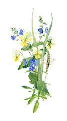 Small watercolor bouquet of wild flowers with plantain on a white background.For greetings, invitations, weddings, anniversaries and birthday 
