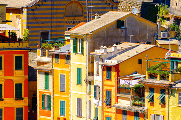 It's Close view of the colorful houses in Portofino, an Italian fishing village, Genoa province,...