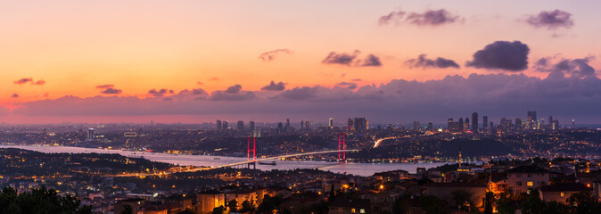Bosporus Bridge in the skyline of Istanbul, sunset sky view, Turkey