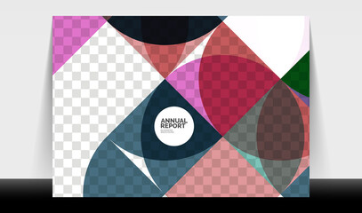 Horizontal A4 business flyer annual report template, circles and triangle style shapes modern geometric design for brochure layout, magazine or booklet