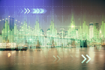 Financial chart on city scape with tall buildings background multi exposure. Analysis concept.