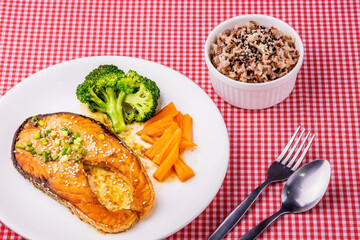 Salmon steak with teriyaki sauce