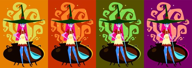 Witch brews a potion. Halloween poster. Cartoon style illustration.