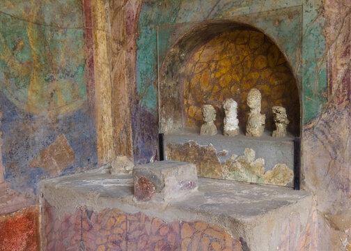 Interior frescoes and sculptures of the House of Menander (Casa del Menandro) in Pompei, Italy. Pompei was buried in the eruption of Mount Vesuvius in AD 79 and is now a UNESCO World Heritage Site.