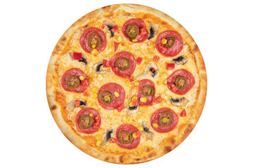 Pizza with sausage, with chili peppers, tomatoes, corn, mushrooms and cheese. View from above. On a white isolated background