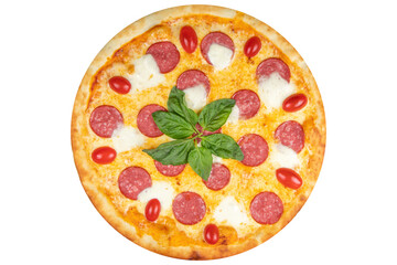 Pizza with salami, basil, cherry tomatoes and cheese. View from above. On a white isolated background