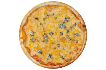 Pizza with minced meat and cheese. View from above. On a white isolated background