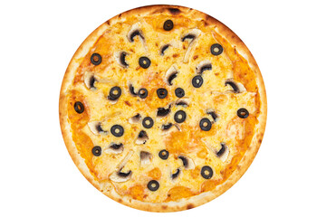 Pizza with olives, mushrooms and cheese. View from above. On a white isolated background