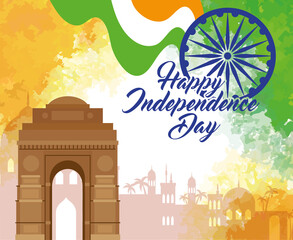 indian happy independence day with ashoka wheel decoration and famous monument vector illustration design