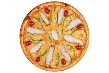 Pizza with chicken, cherry tomatoes, paprika and cheese. View from above. On a white isolated background