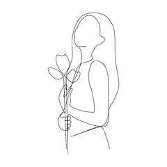 Woman hold a flower continuous line one line art