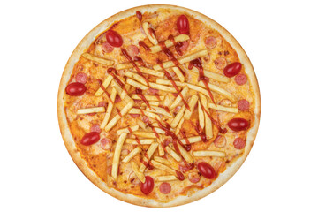 Pizza with french fries, cherry tomatoes, sausages and cheese. View from above. On a white isolated background