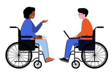 Fototapeta premium Handicapped girl and guy sitting in a wheelchair. Disabled student holds textbooks on her lap.