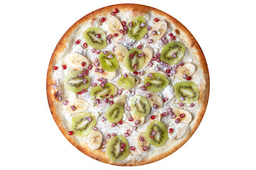 Fruit pizza with pomegranate berries, slices of kiwi and banana. View from above. On a white isolated background