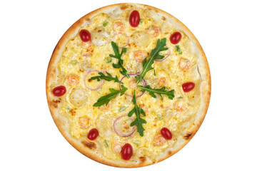 Pizza with shrimp, onions, arugula, cherry tomatoes and cheese. View from above. On a white isolated background