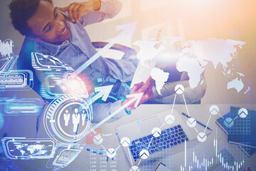 African man in office, infographics, top view