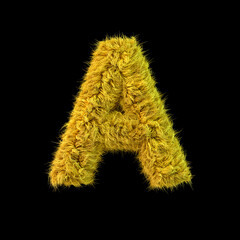 Capital letter A. Uppercase. Yellow fluffy font on black background. 3D