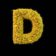Capital letter D. Uppercase. Yellow fluffy font on black background. 3D
