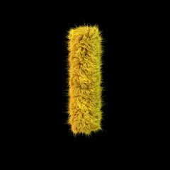 Capital letter I. Uppercase. Yellow fluffy font on black background. 3D