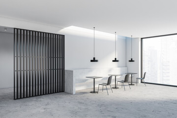 White panoramic restaurant corner with bench