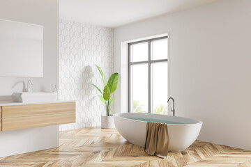 Naklejka na ściany i meble White honeycomb tile bathroom, tub and sink