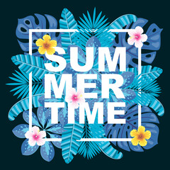 Summer time vector illustration. Logo, banner, label, badge with tropical leaves and flowers. © Jellicle