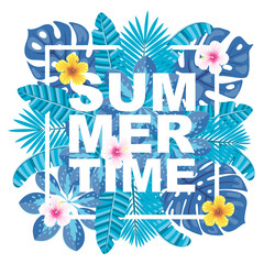 Summer time vector illustration. Logo, banner, label, badge with tropical leaves and flowers. © Jellicle