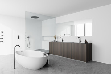 Fototapeta na wymiar White bathroom corner with tub, shower and sink