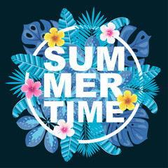 Summer time vector illustration. Logo, banner, label, badge with tropical leaves and flowers. © Jellicle