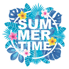 Summer time vector illustration. Logo, banner, label, badge with tropical leaves and flowers. © Jellicle