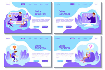 Fototapeta premium Web page template set for online education and e-learning. Teacher and students. Online classroom. Stock modern flat illustration concept for landing page. Website design easy to edit and customize.