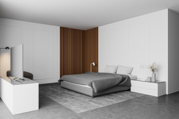 White and wooden bedroom corner with TV