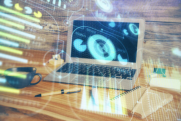 Double exposure of desktop with personal computer on background and tech theme drawing. Concept of Bigdata.