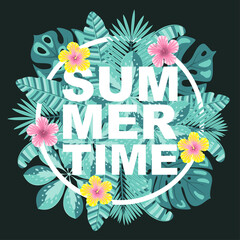 Summer time vector illustration. Logo, banner, label, badge with tropical leaves and flowers. © Jellicle