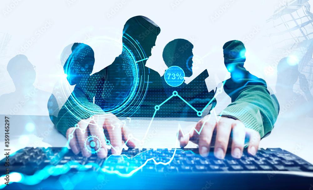 Poster man typing on keyboard and team, financial chart
