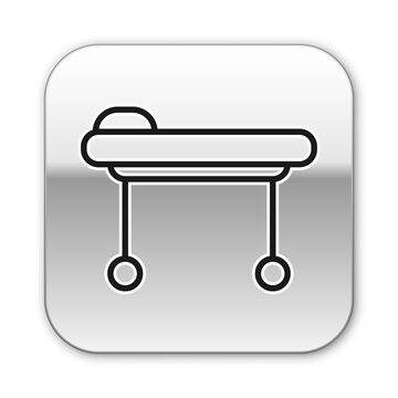 recommend clip art: Black line Stretcher icon isolated on white background. Patient hospital medical stretcher. Silver square button. Vector Illustration