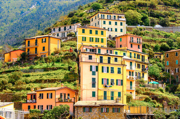 Fototapeta premium It's Architecture of Riomaggiore, a village in province of La Spezia, Liguria, Italy. It's one of the lands of Cinque Terre, UNESCO World Heritage Site