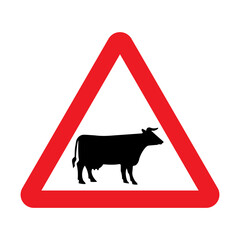 Cattle crossing warning road sign. Vector illustration of cow caution traffic sign. Farm hazzard attention red triangle mark.