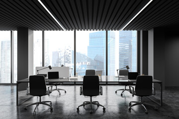 Panoramic grey office interior with cityscape