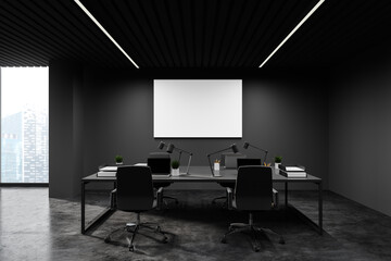 Panoramic grey office interior with poster