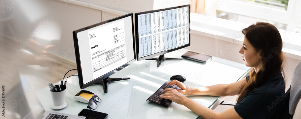 Aufkleber accountant using e invoice software at computer