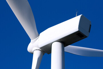 Pico Gallo, Tineo, Asturias. Back view of blades, rotor hub and full nacelle of a wind mill with...