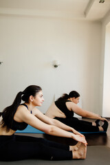 Fototapeta premium Home training. Fit and overweight women exercising doing yoga in living room. Leisure activities, healthy lifestyle and mindfulness