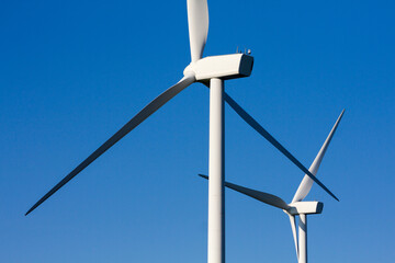 Pico Gallo, Tineo, Asturias. Back view of blades, rotor hub and  nacelle of a wind mill.