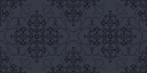Black floral damsk onament seamless patternon color background. Design for fabric, apparel textile, book, interior, wallpaper