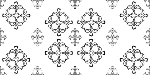 Decorative floral monohrome seamless pattern in ornamental damask modern style. Vector elegant tile surface design. Black ornate on white background