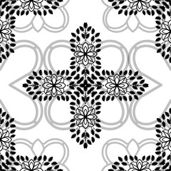 Decorative floral monohrome seamless pattern in ornamental damask modern style. Vector elegant tile surface design. Black ornate on white background