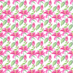 watercolor pink lilies seamless pattern