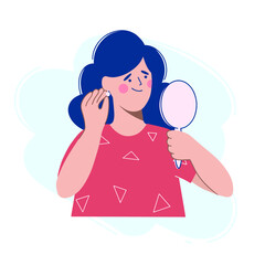 A woman tries on earrings. Vector illustration in the flat design style.